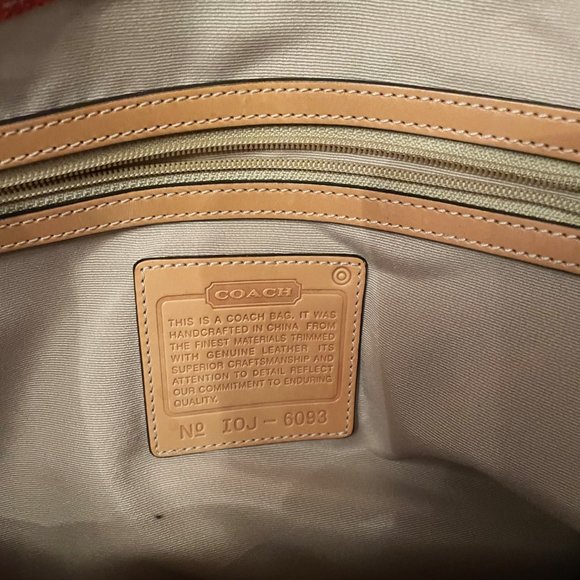 Coach Signature Zip Top Tote Red Canvas Tan Leather Trim Handbag - Picture 5 of 9